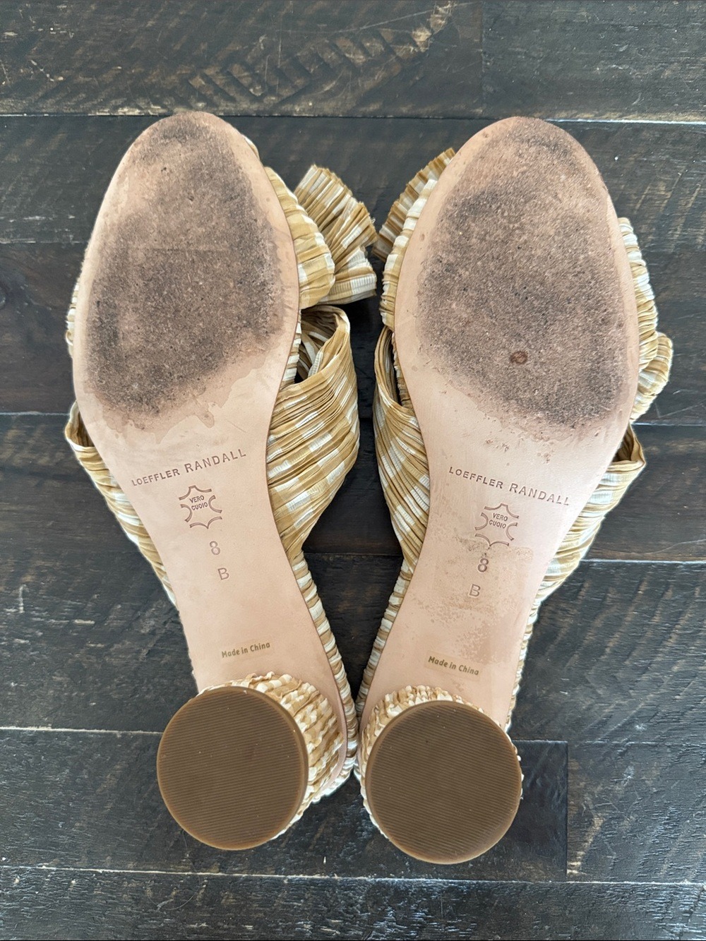 Loeffler Randall Emilia Tan Cream Gingham Pleated Knot Mules - Picture 4 of 4